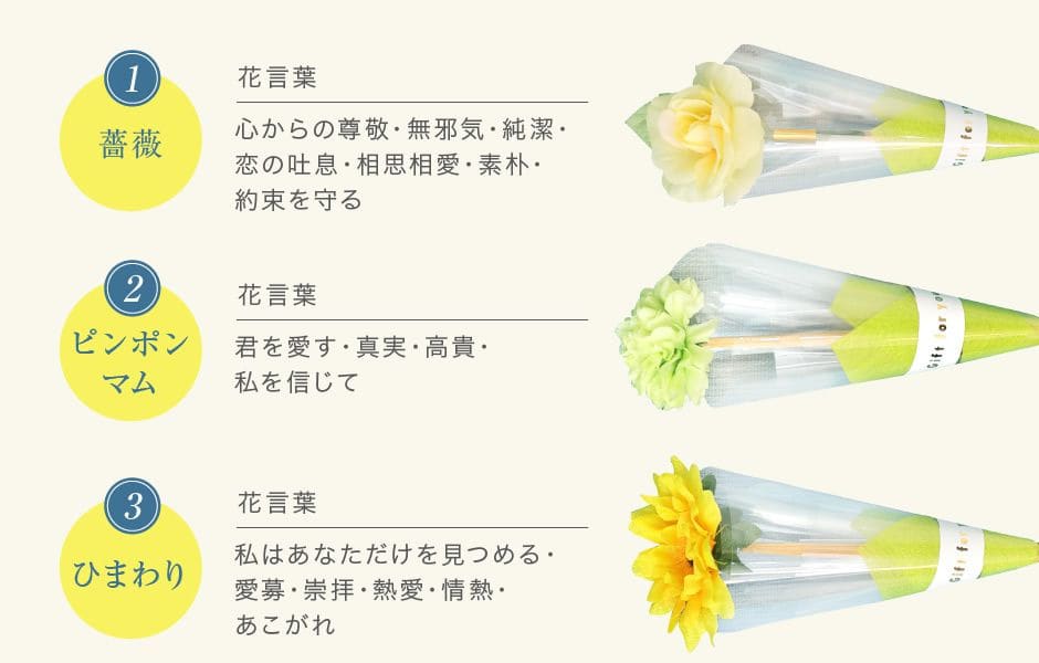 1.薔薇、2.ピンポンマム、3.ひまわり